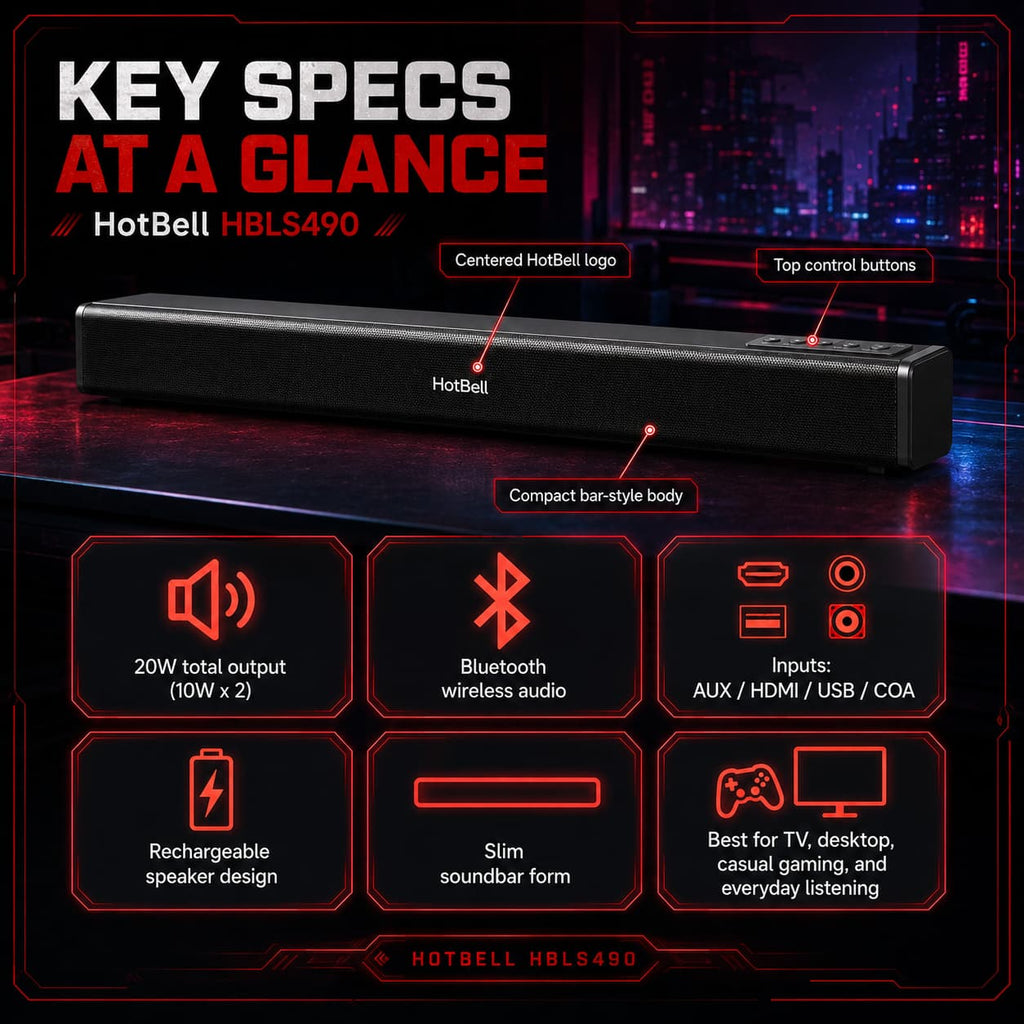 HotBell HBLS490 soundbar key specifications with 20W output, Bluetooth, multiple inputs, and rechargeable design