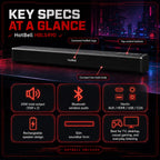 HotBell HBLS490 soundbar key specifications with 20W output, Bluetooth, multiple inputs, and rechargeable design