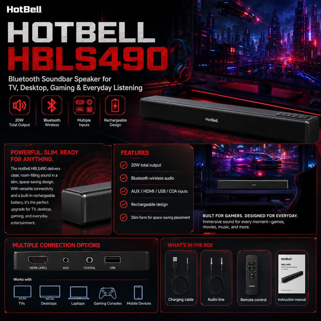 HotBell HBLS490 Bluetooth soundbar with gaming setup, input ports, cables, remote control, and manual