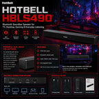 HotBell HBLS490 Bluetooth soundbar with gaming setup, input ports, cables, remote control, and manual
