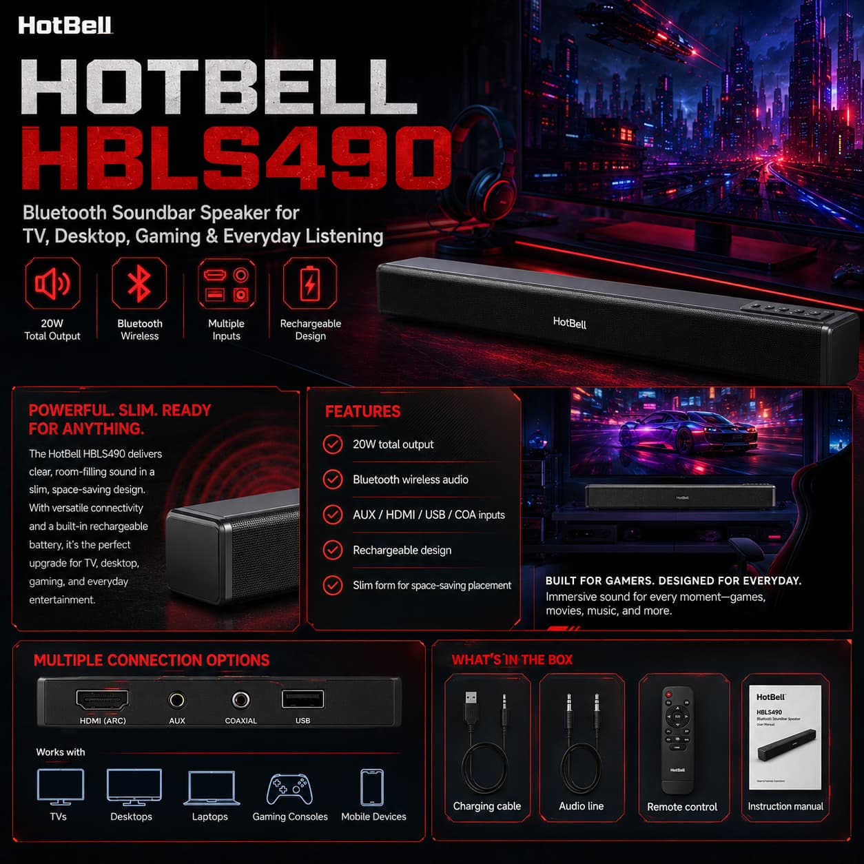 HotBell HBLS490 Bluetooth soundbar with gaming setup, input ports, cables, remote control, and manual
