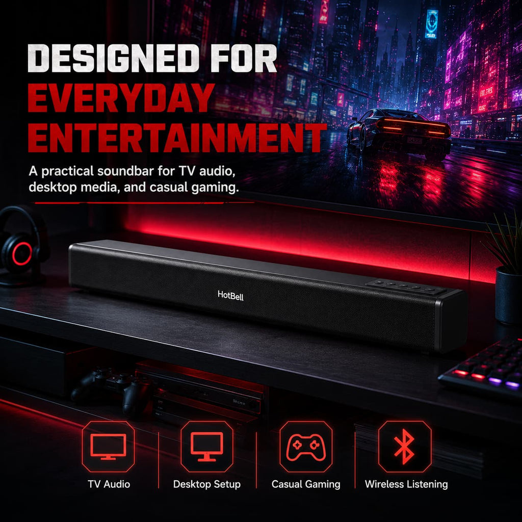 HotBell HBLS490 soundbar in a desktop gaming setup for TV audio, casual gaming, and wireless listening