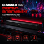 HotBell HBLS490 soundbar in a desktop gaming setup for TV audio, casual gaming, and wireless listening