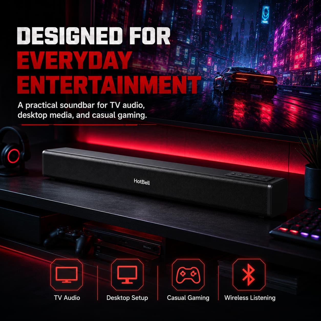 HotBell HBLS490 soundbar in a desktop gaming setup for TV audio, casual gaming, and wireless listening