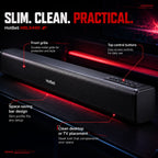 HotBell HBLS490 slim soundbar with metal front grille, top controls, and space-saving desktop design