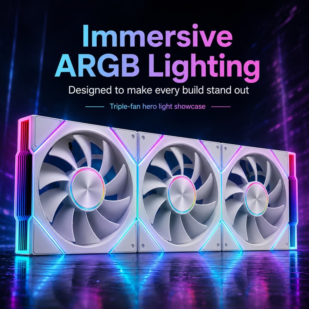 White HotBell triple 120mm ARGB PWM case fan kit with multicolor edge lighting for custom PC builds.