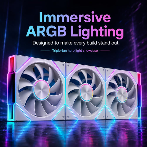 White HotBell triple 120mm ARGB PWM case fan kit with multicolor edge lighting for custom PC builds.