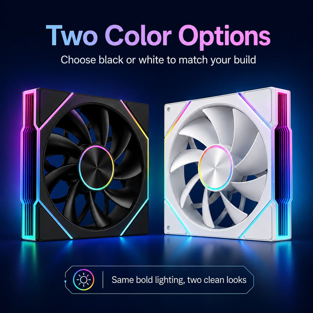 HotBell 120mm ARGB PWM case fan shown in black and white color options with matching multicolor edge lighting.