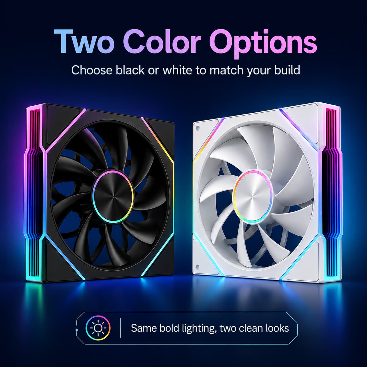 HotBell 120mm ARGB PWM case fan shown in black and white color options with matching multicolor edge lighting.