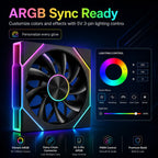 Black HotBell 120mm ARGB PWM case fan with 5V 3-pin motherboard lighting synchronization and customizable RGB effects.