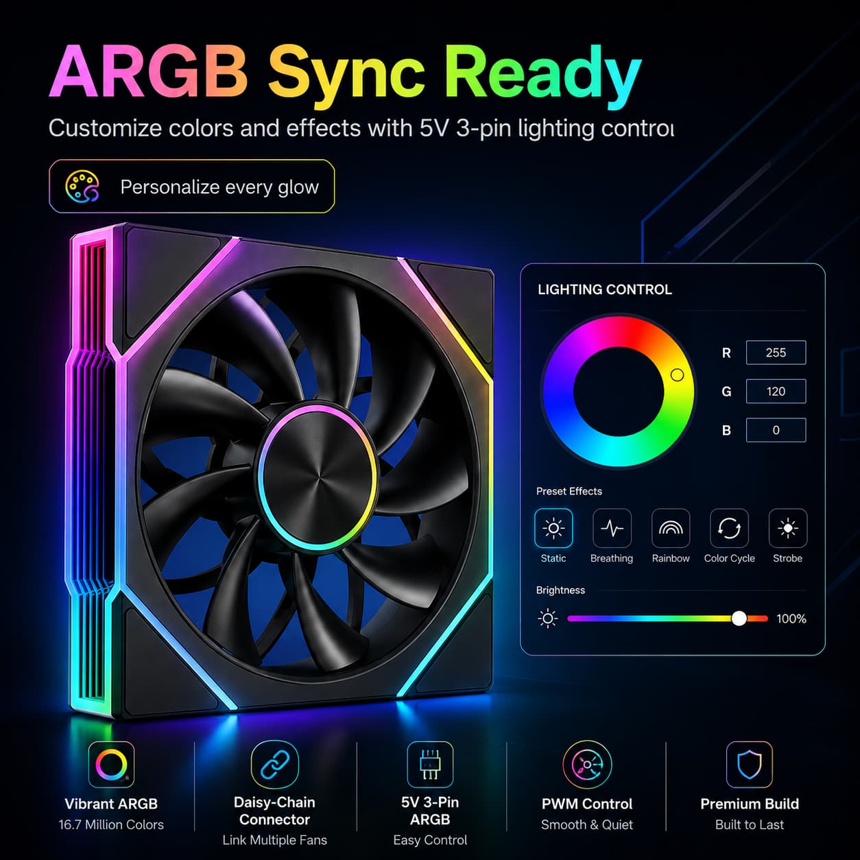 Black HotBell 120mm ARGB PWM case fan with 5V 3-pin motherboard lighting synchronization and customizable RGB effects.