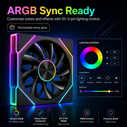 Black HotBell 120mm ARGB PWM case fan with 5V 3-pin motherboard lighting synchronization and customizable RGB effects.