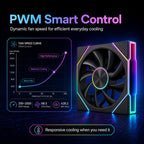 Black HotBell 120mm ARGB PWM case fan with adjustable fan speed curve for responsive and efficient PC cooling.