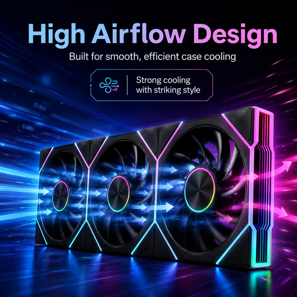 Black HotBell triple 120mm ARGB PWM case fans demonstrating high airflow for efficient desktop computer cooling.