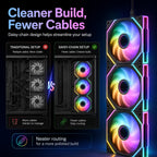 HotBell triple 120mm ARGB PWM fans comparing a daisy-chain installation with fewer cables to a traditional PC fan setup.