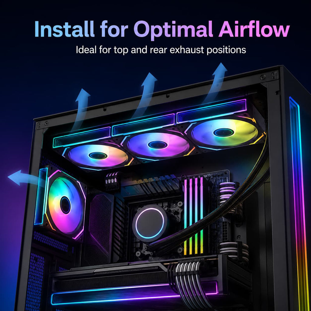 HotBell ARGB PWM cooling fans installed at the top and rear of a gaming PC case for optimized exhaust airflow.