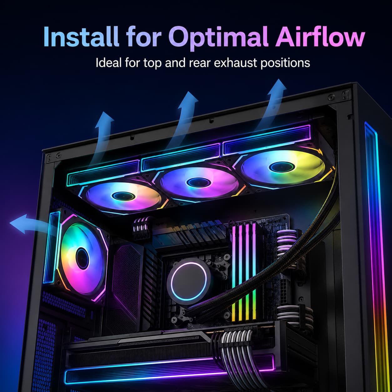 HotBell ARGB PWM cooling fans installed at the top and rear of a gaming PC case for optimized exhaust airflow.