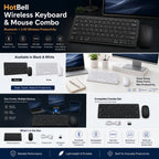 HotBell Bluetooth and 2.4GHz wireless keyboard and mouse combo with black and white options, accessories, and product features