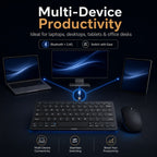 HotBell wireless keyboard and mouse combo connecting to a laptop, desktop monitor, and tablet for multi-device productivity