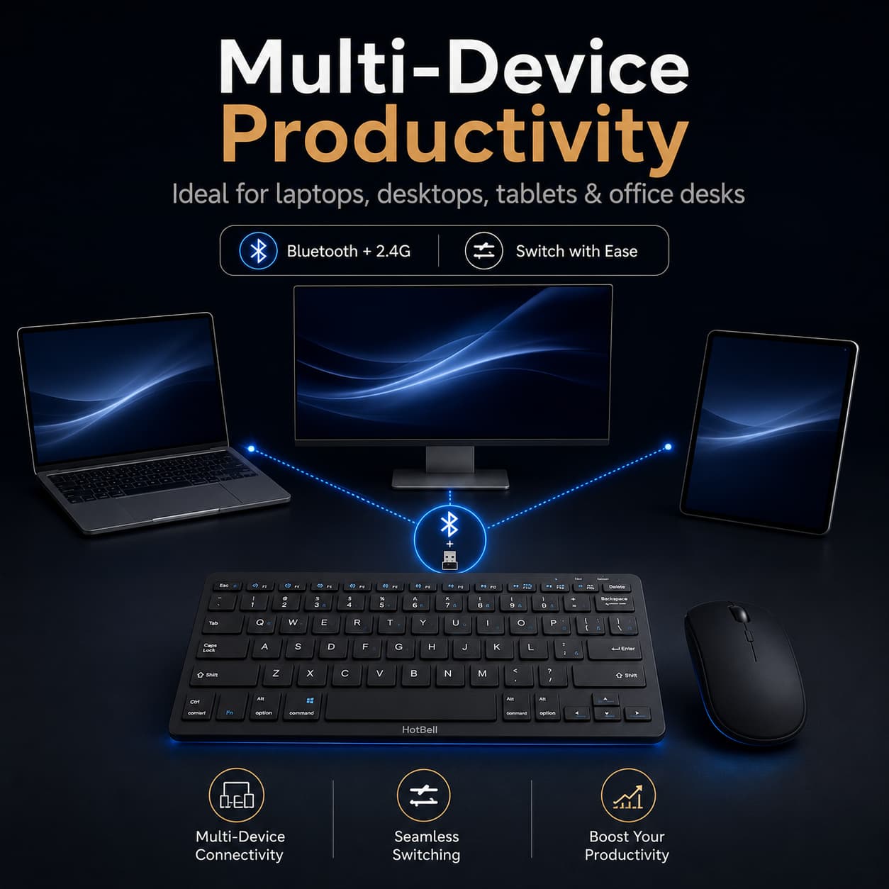 HotBell wireless keyboard and mouse combo connecting to a laptop, desktop monitor, and tablet for multi-device productivity