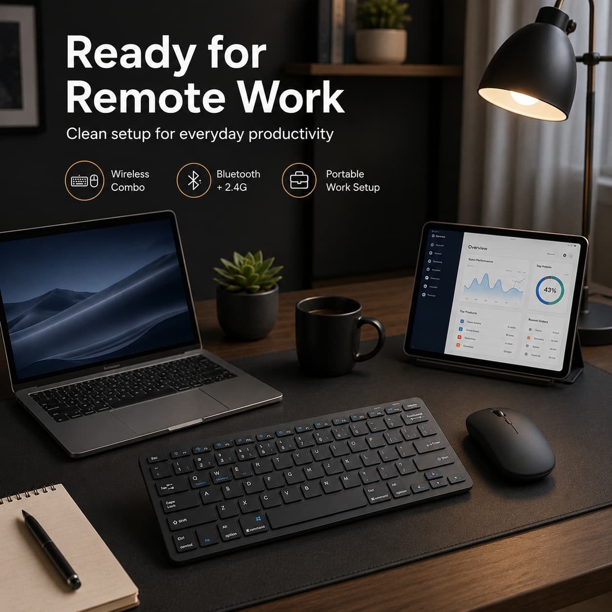 Black HotBell wireless keyboard and mouse combo in a remote work setup with laptop, tablet, desk lamp, and notebook