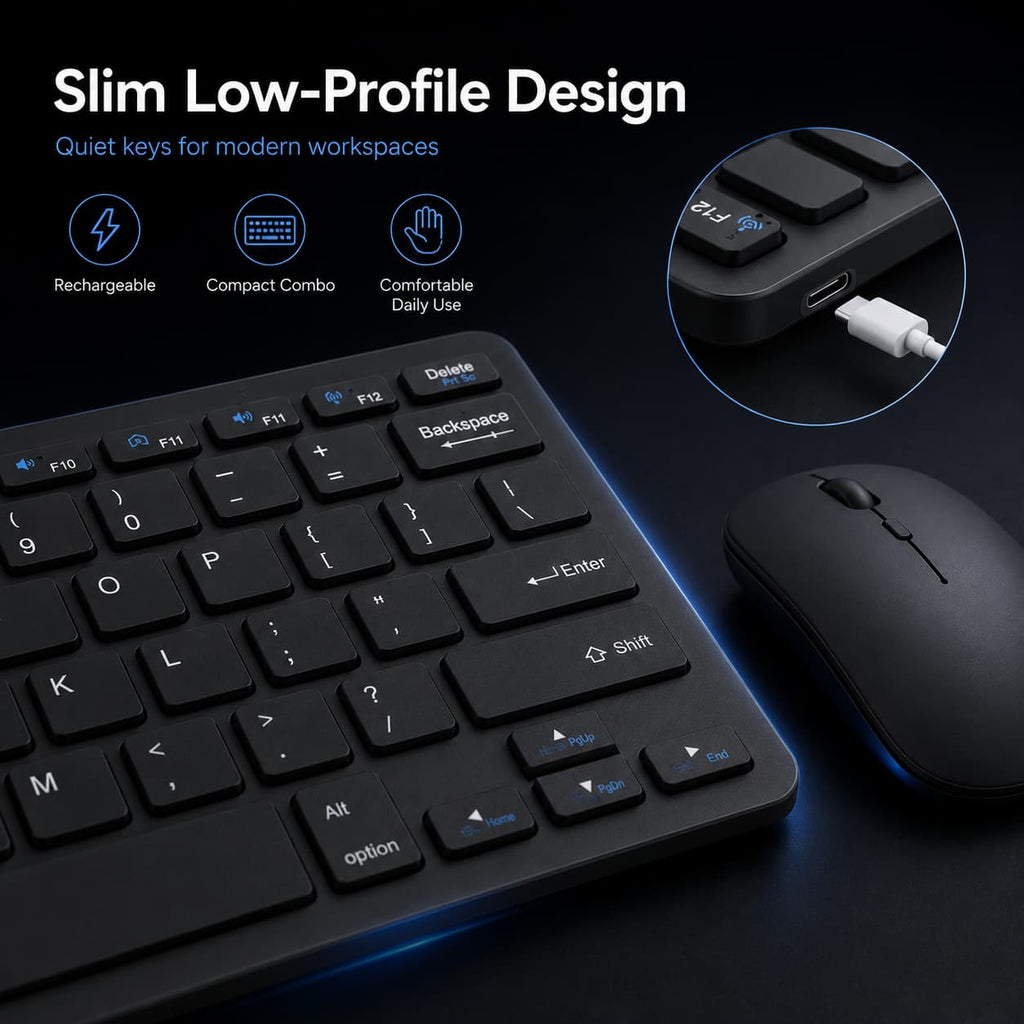 Close-up of the HotBell black rechargeable wireless keyboard and mouse with slim low-profile keys and USB charging port