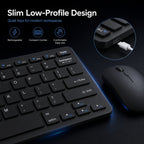 Close-up of the HotBell black rechargeable wireless keyboard and mouse with slim low-profile keys and USB charging port
