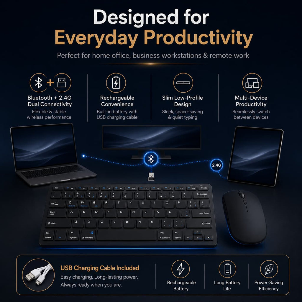 HotBell Bluetooth and 2.4GHz wireless keyboard and mouse combo for home office, business workstations, and remote work