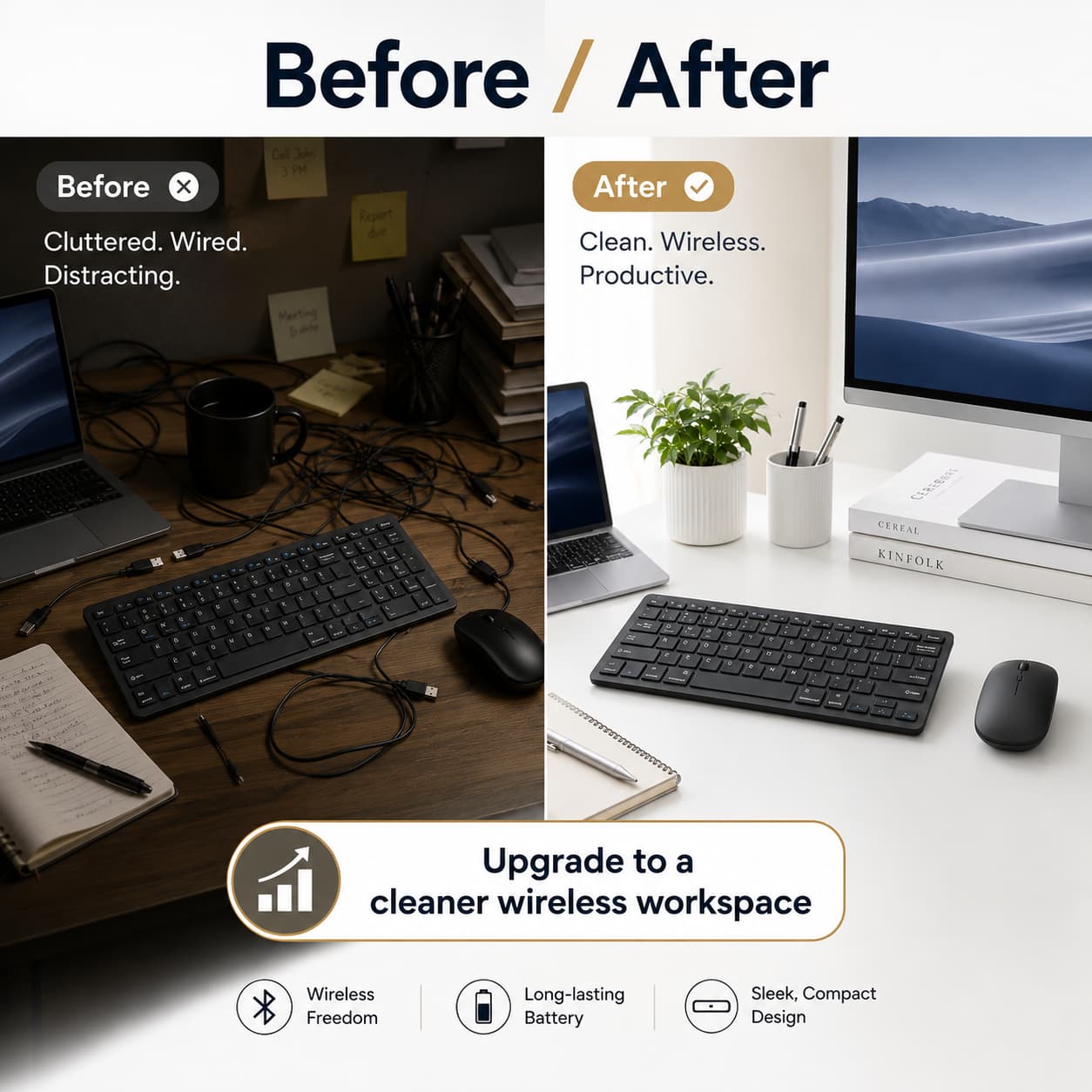 Before-and-after workspace comparison showing a cluttered wired desk upgraded with a HotBell wireless keyboard and mouse