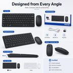 HotBell black wireless keyboard and mouse combo shown from top, angled, and side views with packaging and accessories