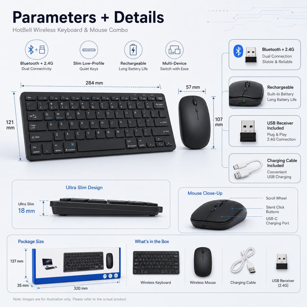 HotBell wireless keyboard and mouse dimensions, rechargeable features, USB receiver, charging cable, and box contents
