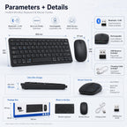 HotBell wireless keyboard and mouse dimensions, rechargeable features, USB receiver, charging cable, and box contents
