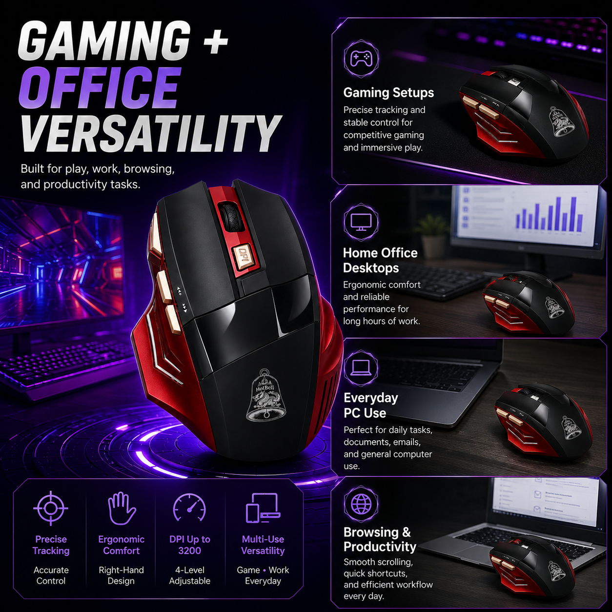 HotBell HGBM1 wireless gaming mouse for gaming, home office work, browsing, and everyday computer use