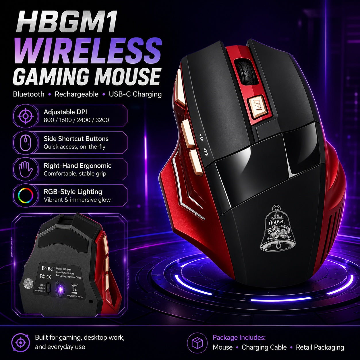 HotBell HGBM1 wireless rechargeable gaming mouse with adjustable DPI, side buttons, ergonomic design, and USB-C charging