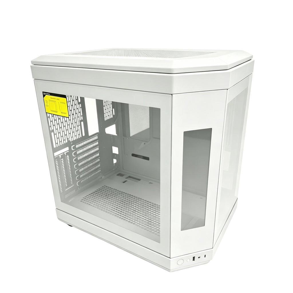 HotBell white ATX mid-tower PC case with panoramic glass panels on a white background