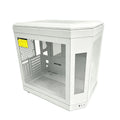 White computer case with a clear side panel on a white background
