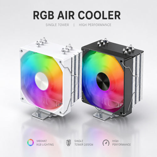 HotBell single-tower RGB CPU air cooler shown in black and white with rainbow lighting for desktop PC cooling.