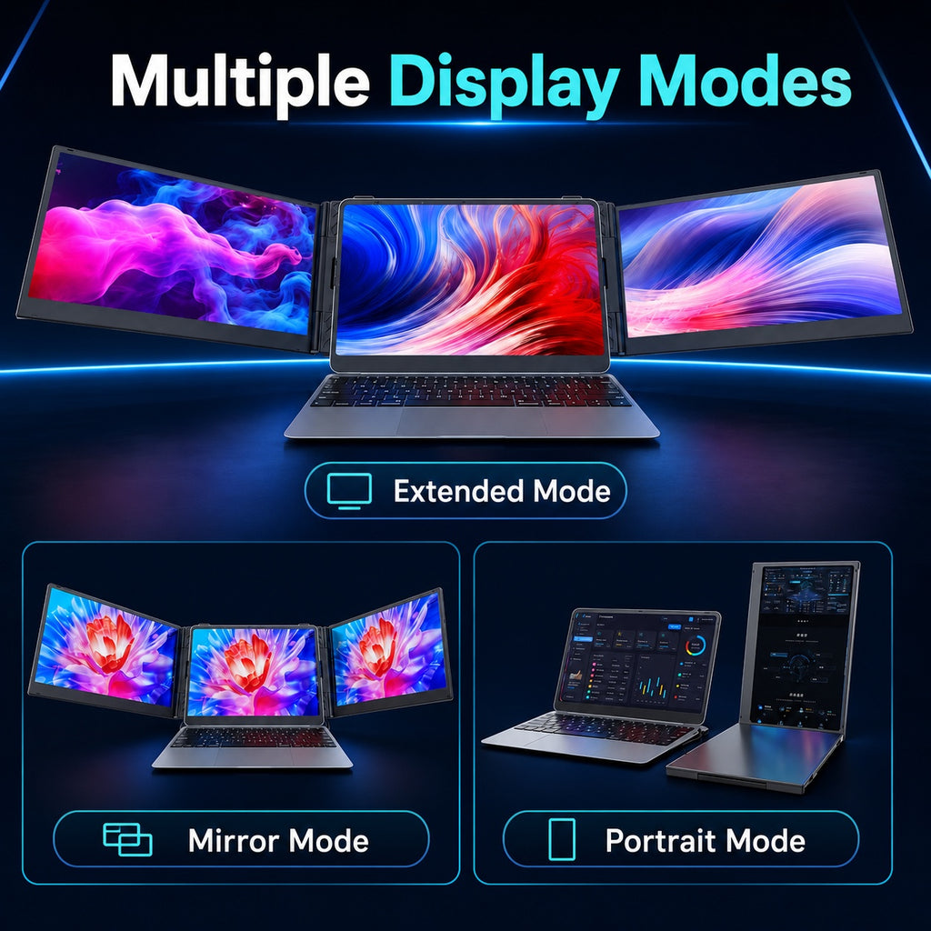 HotBell S8 Ultra portable laptop screen extender demonstrating extended, mirror and portrait display modes for multitasking and presentations.