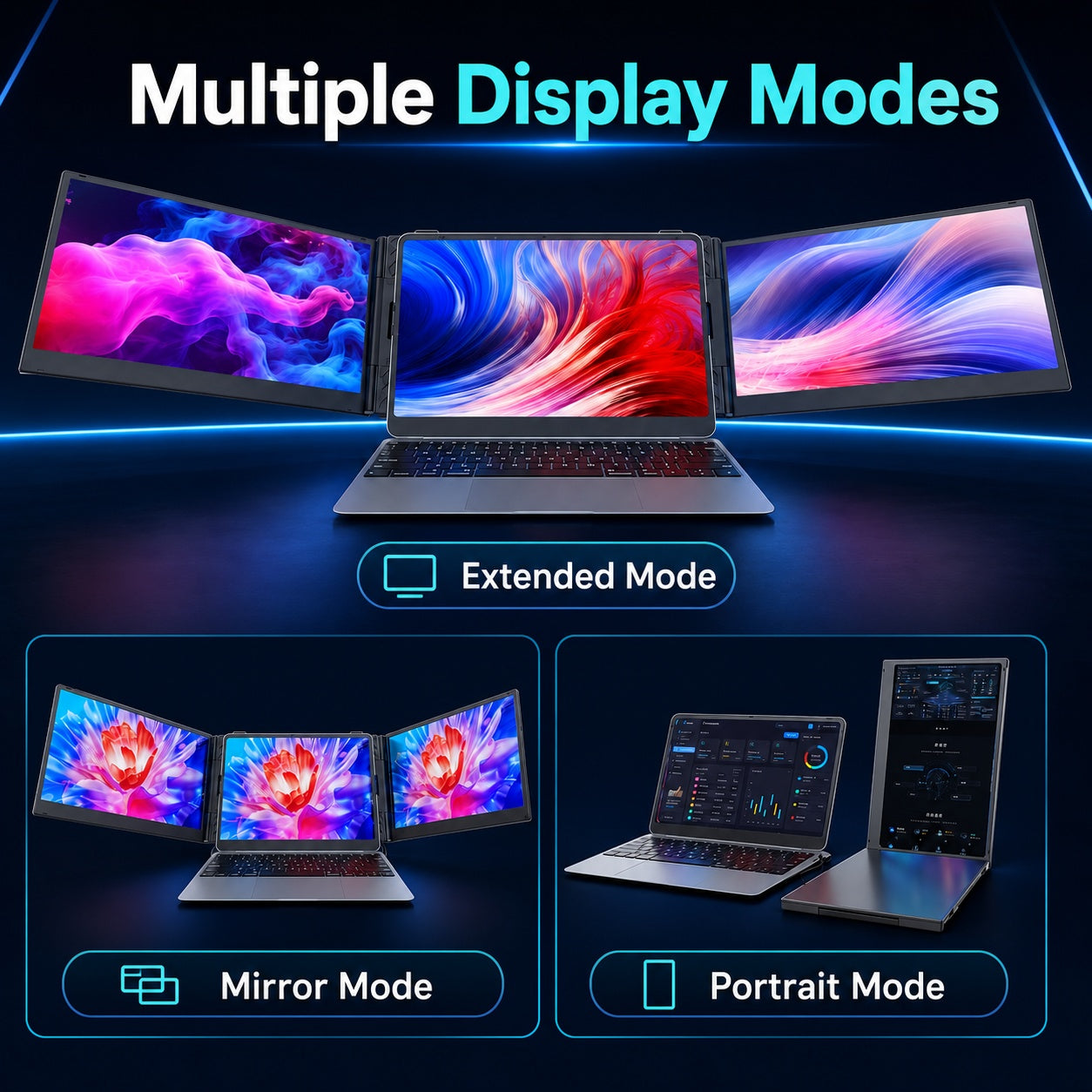 HotBell S8 Ultra portable laptop screen extender demonstrating extended, mirror and portrait display modes for multitasking and presentations.