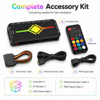 HotBell RGB CPU air cooler installation kit with retail box, mounting brackets, screws, thermal paste, and accessories.