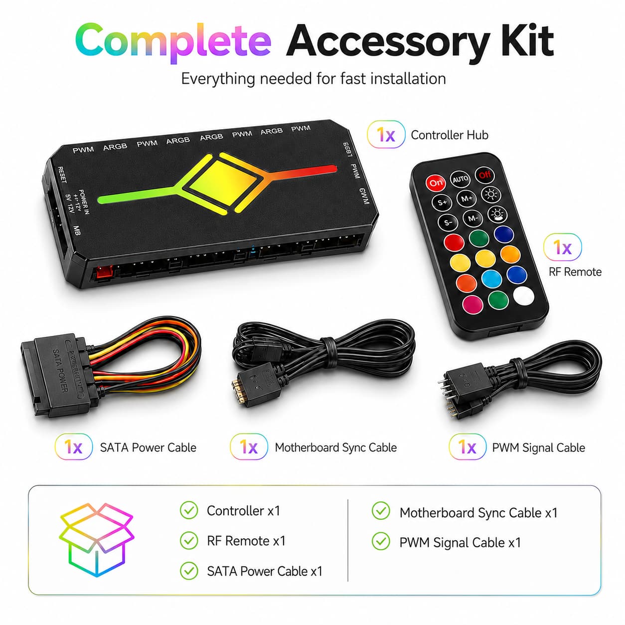 HotBell RGB CPU air cooler installation kit with retail box, mounting brackets, screws, thermal paste, and accessories.