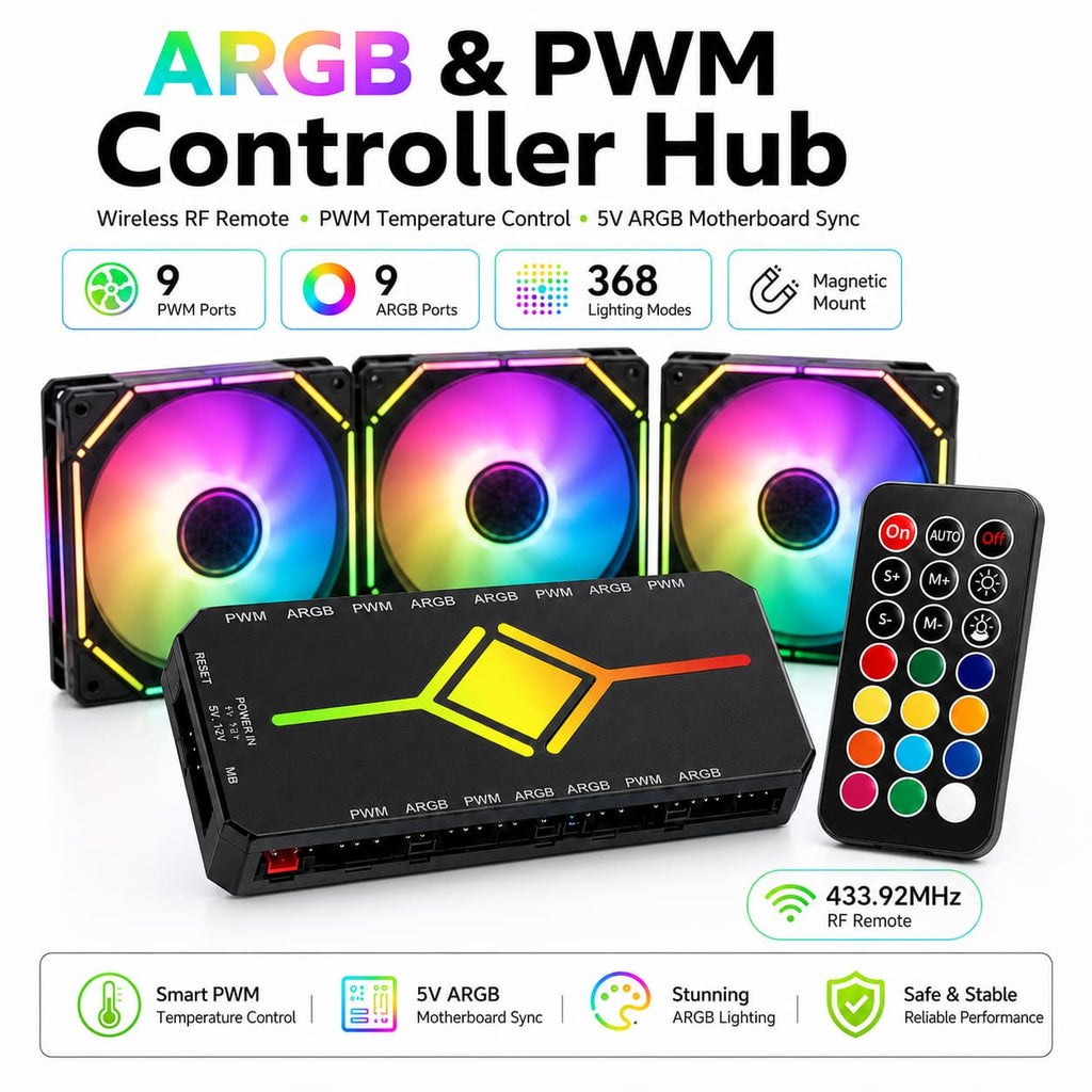Black HotBell RGB CPU air cooler with 4-pin PWM control, 1800 RPM fan, and black or white color options.