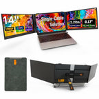 HotBell S8 Ultra dual 14-inch FHD IPS laptop screen extender shown from front and rear with adjustable stand and protective carrying sleeve.