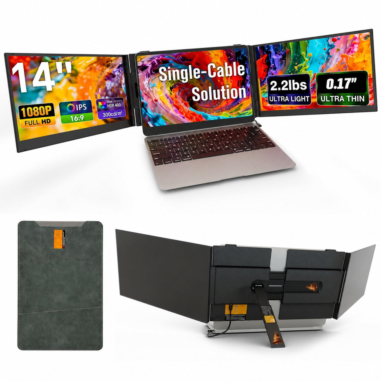 HotBell S8 Ultra dual 14-inch FHD IPS laptop screen extender shown from front and rear with adjustable stand and protective carrying sleeve.