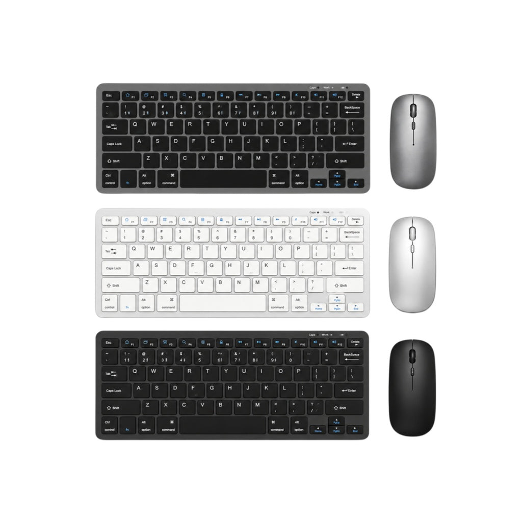 HotBell wireless keyboard and mouse combo color options in gray, white, and black on a white background