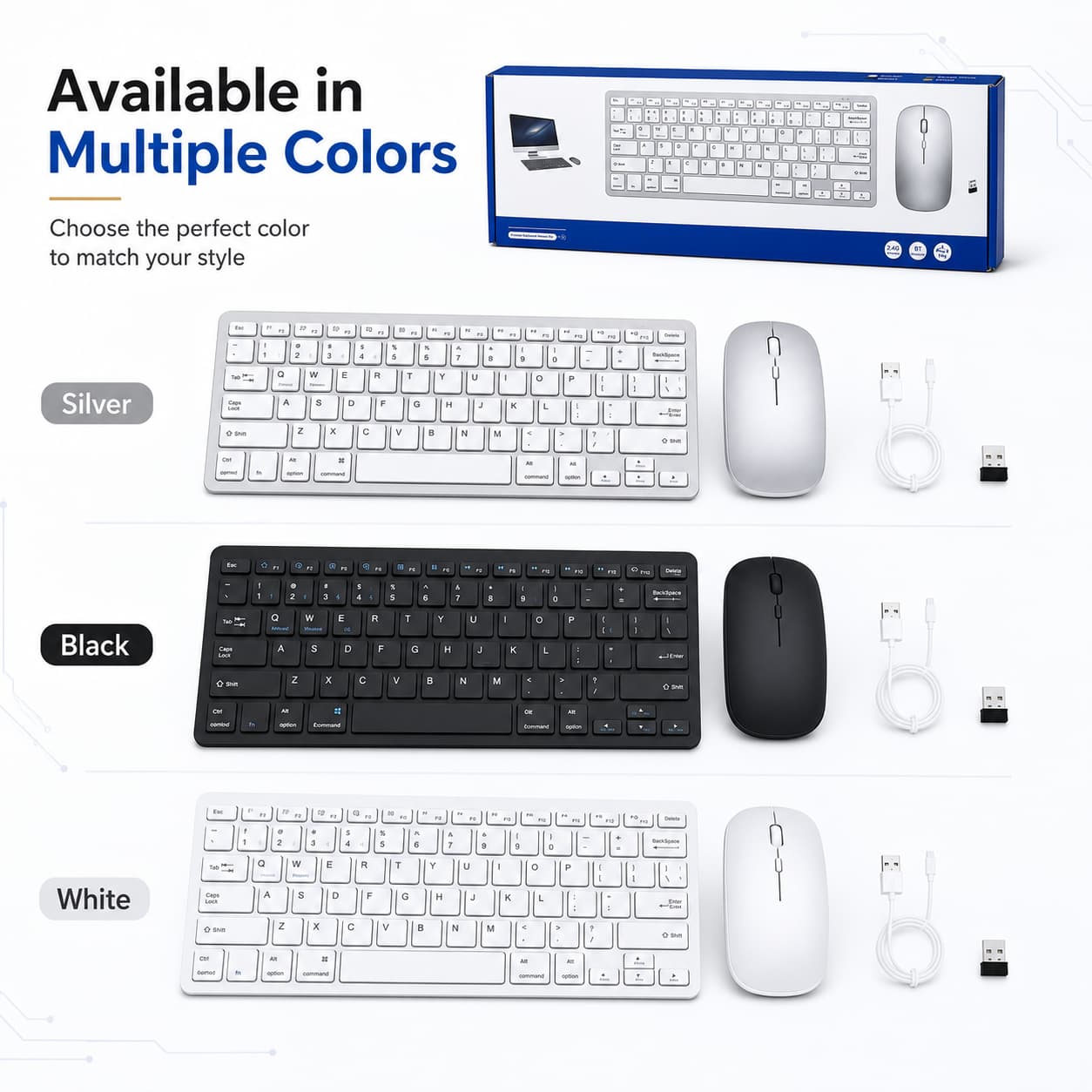 HotBell wireless keyboard and mouse combo in silver, black, and white with charging cable, USB receiver, and retail box