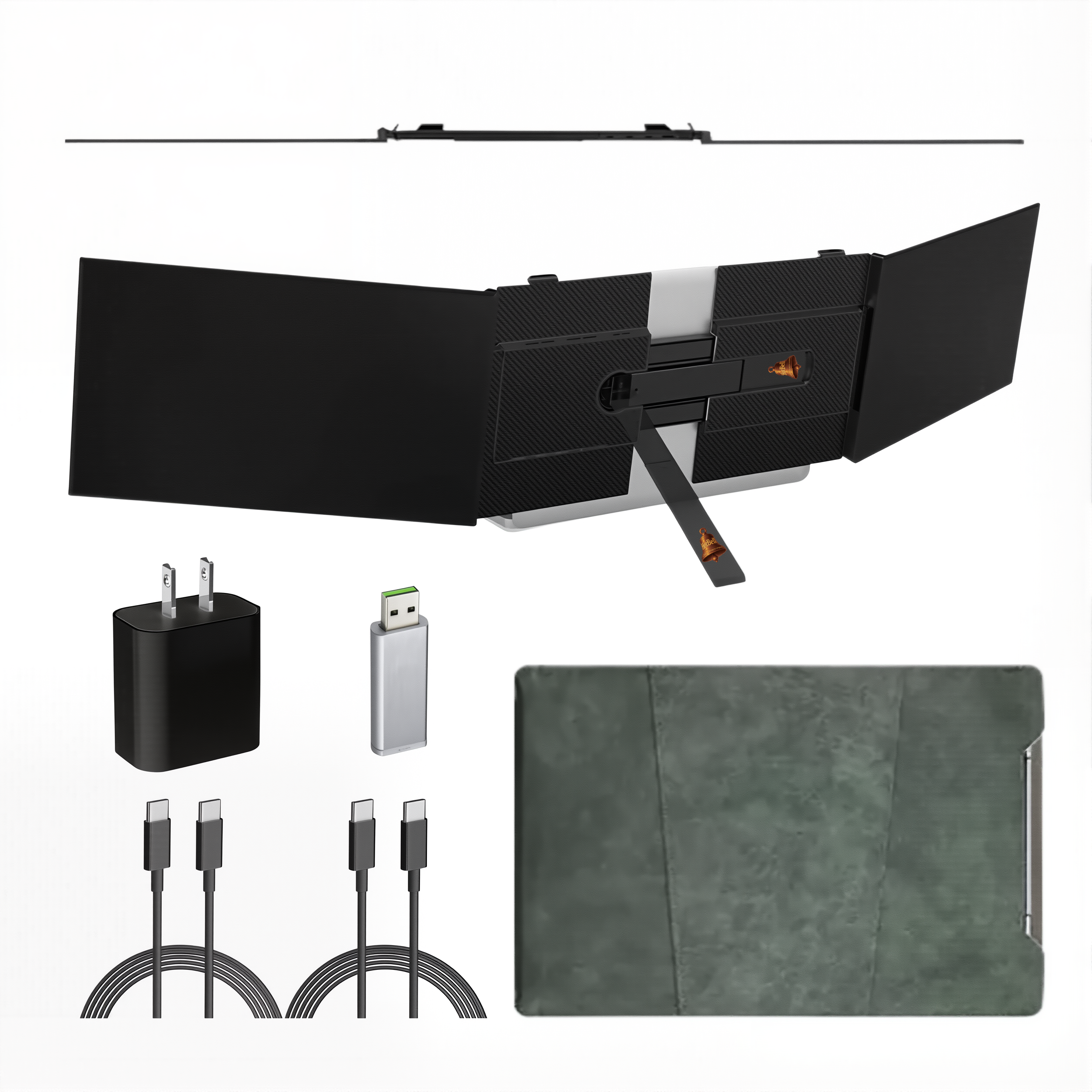 HotBell S8 Ultra laptop screen extender package contents with dual-screen unit, power adapter, USB receiver, USB-C cables and protective carrying sleeve.
