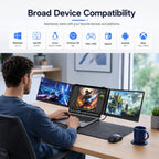 HotBell S8 Ultra dual laptop monitor extender used with a laptop for gaming and creative work across supported computers and operating systems.