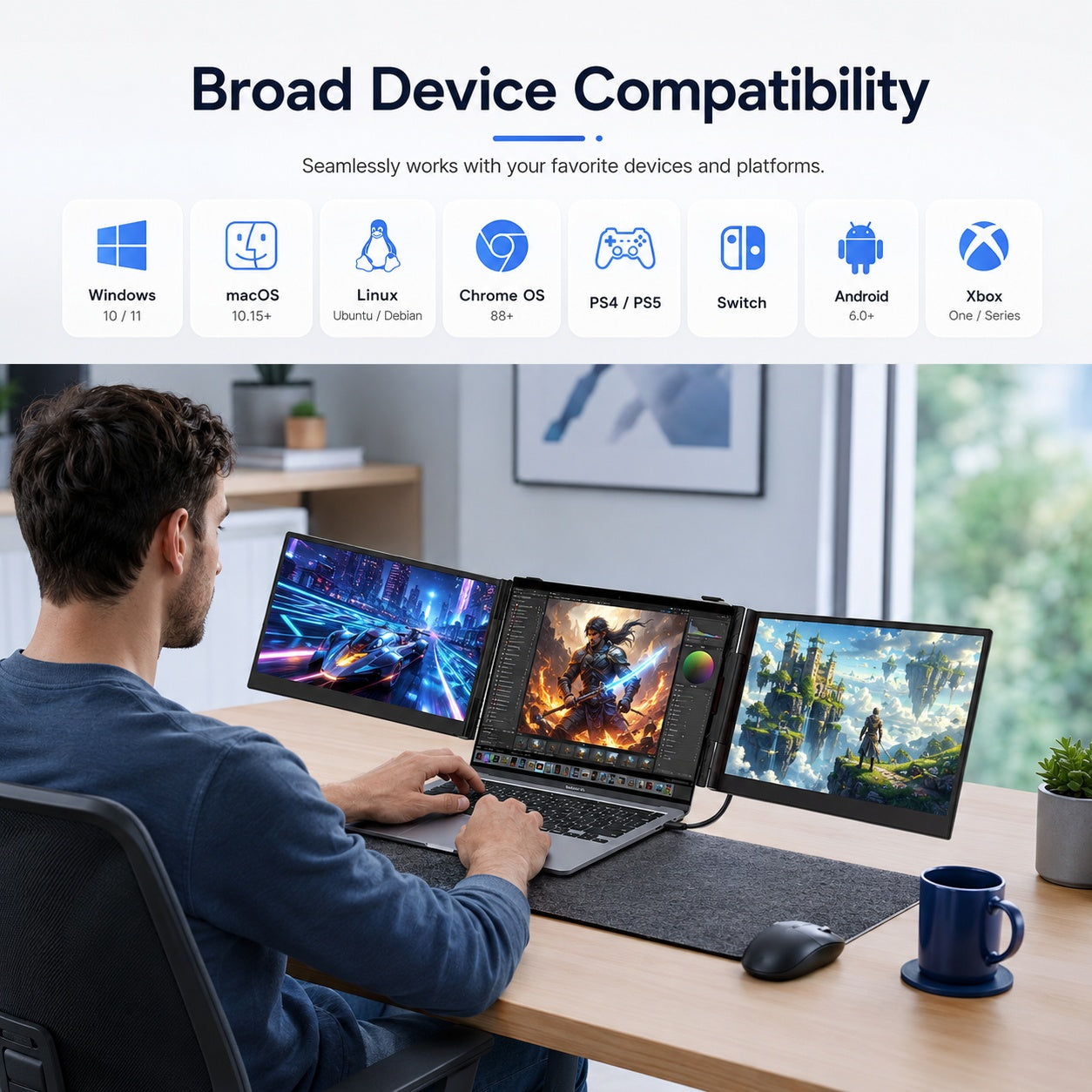 HotBell S8 Ultra dual laptop monitor extender used with a laptop for gaming and creative work across supported computers and operating systems.
