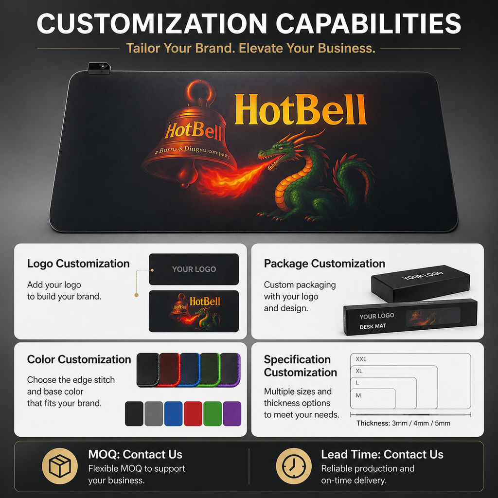 HotBell desk mat customization options for logo, packaging, edge color, size, and thickness for business buyers